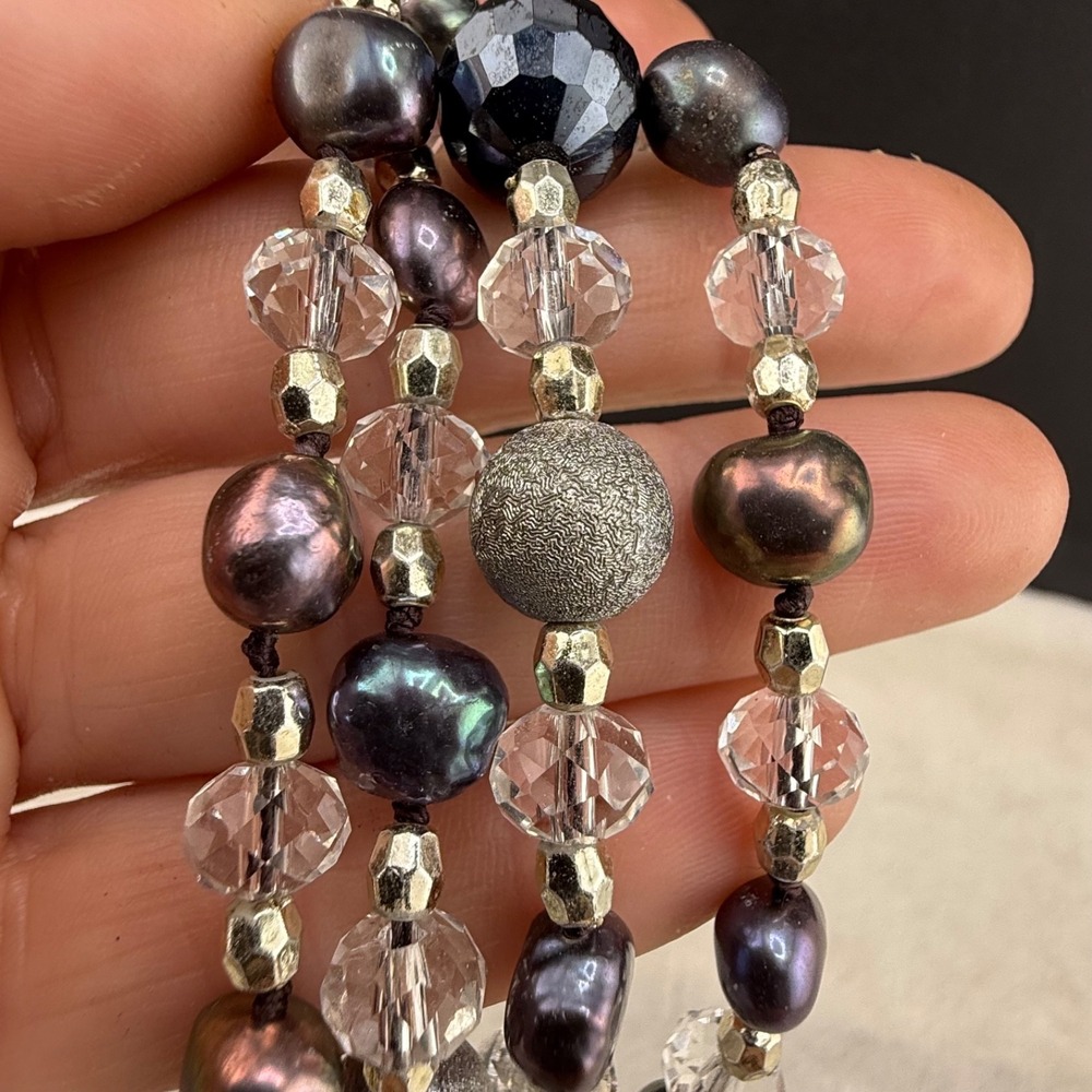 Vintage Beaded Glass Necklace Pearl Faceted Flapper Peacock Oil Slick 48"